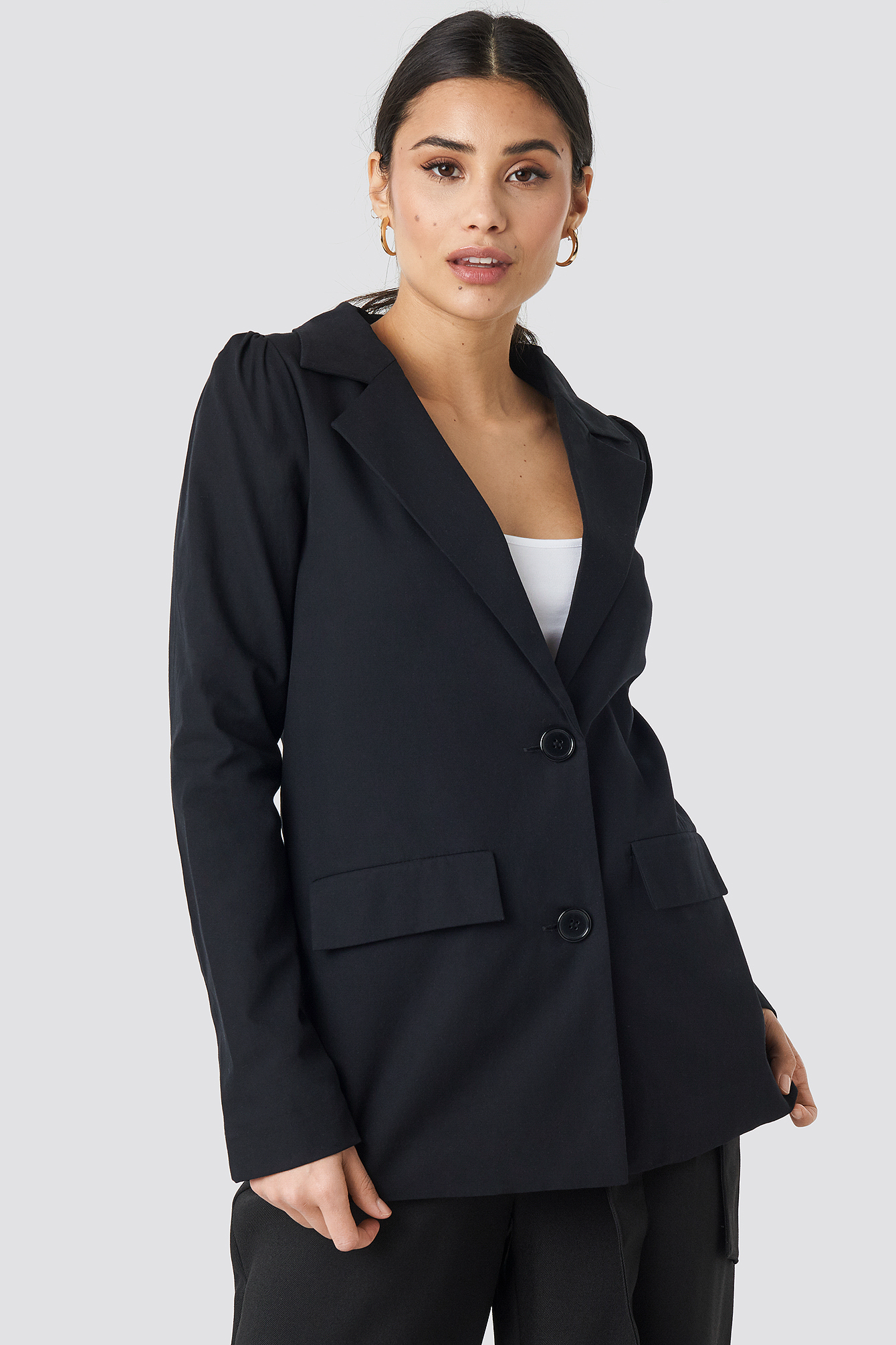 Oversized Puff Shoulder Blazer Noir Na Kdfr