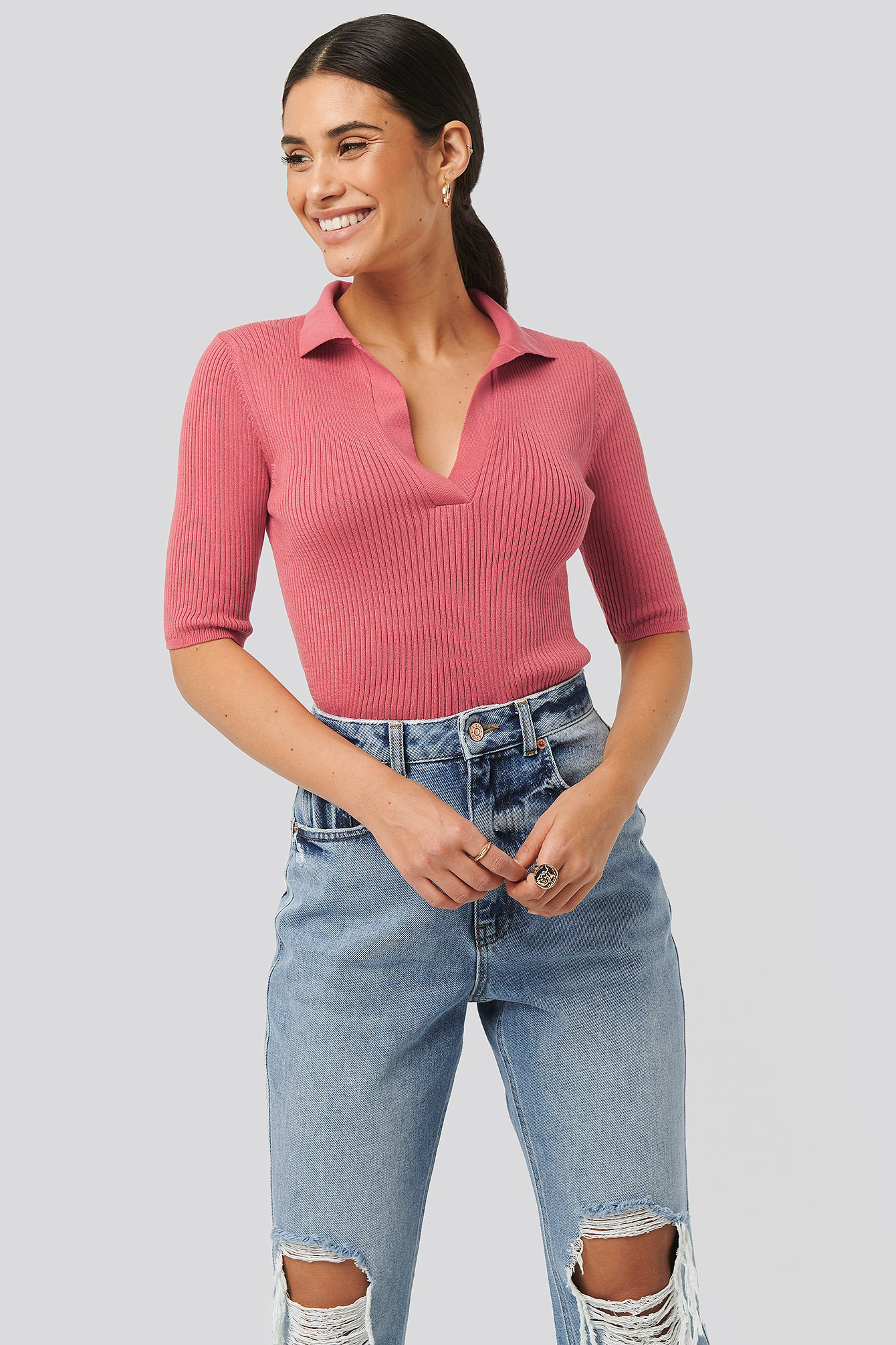 pique collar knitted top