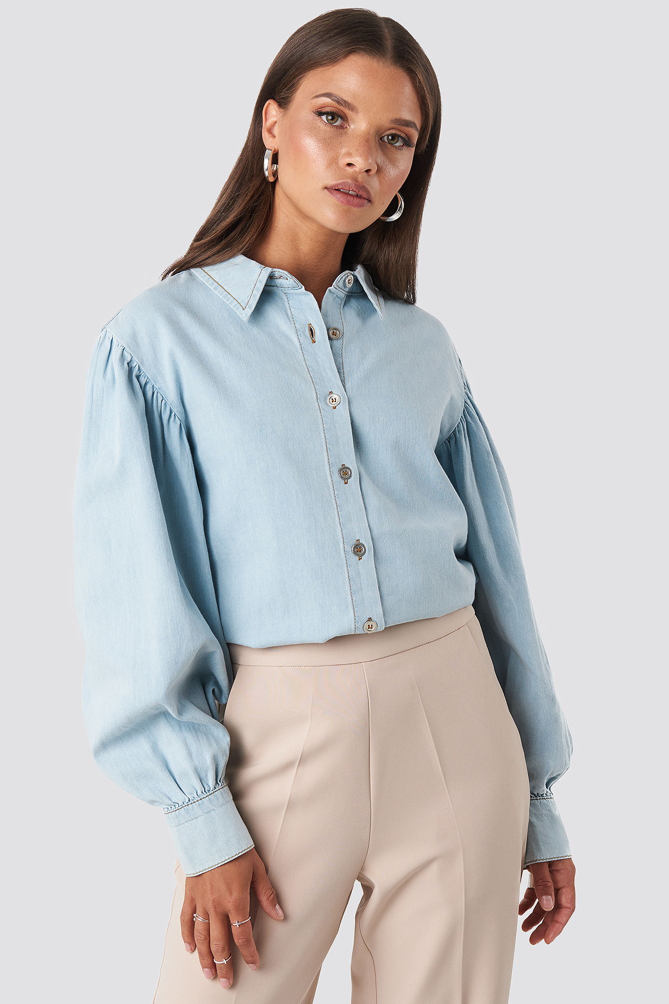 denim shirt with puffy sleeves