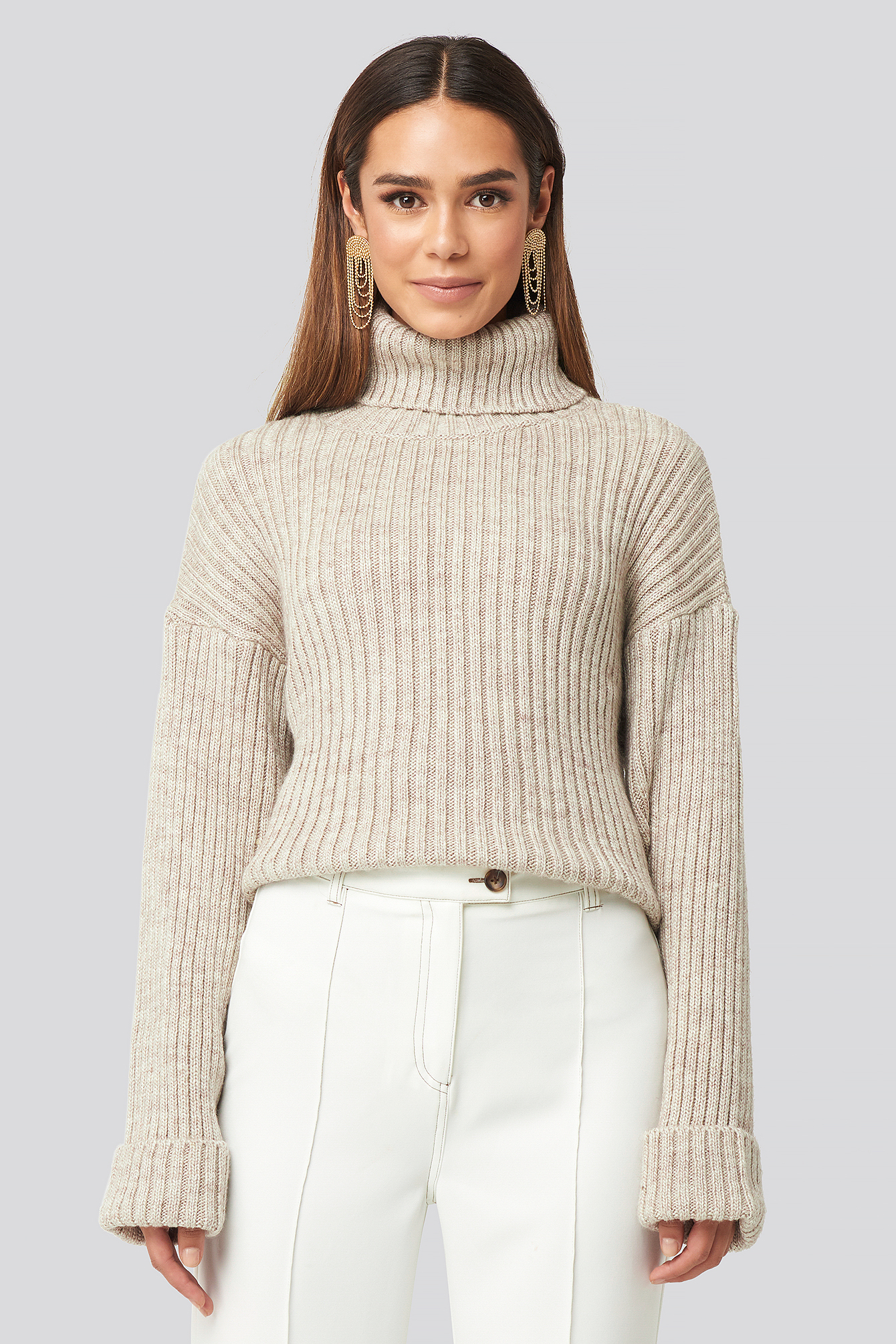Ribbed Knitted Turtleneck Sweater Beige Na Kdfr