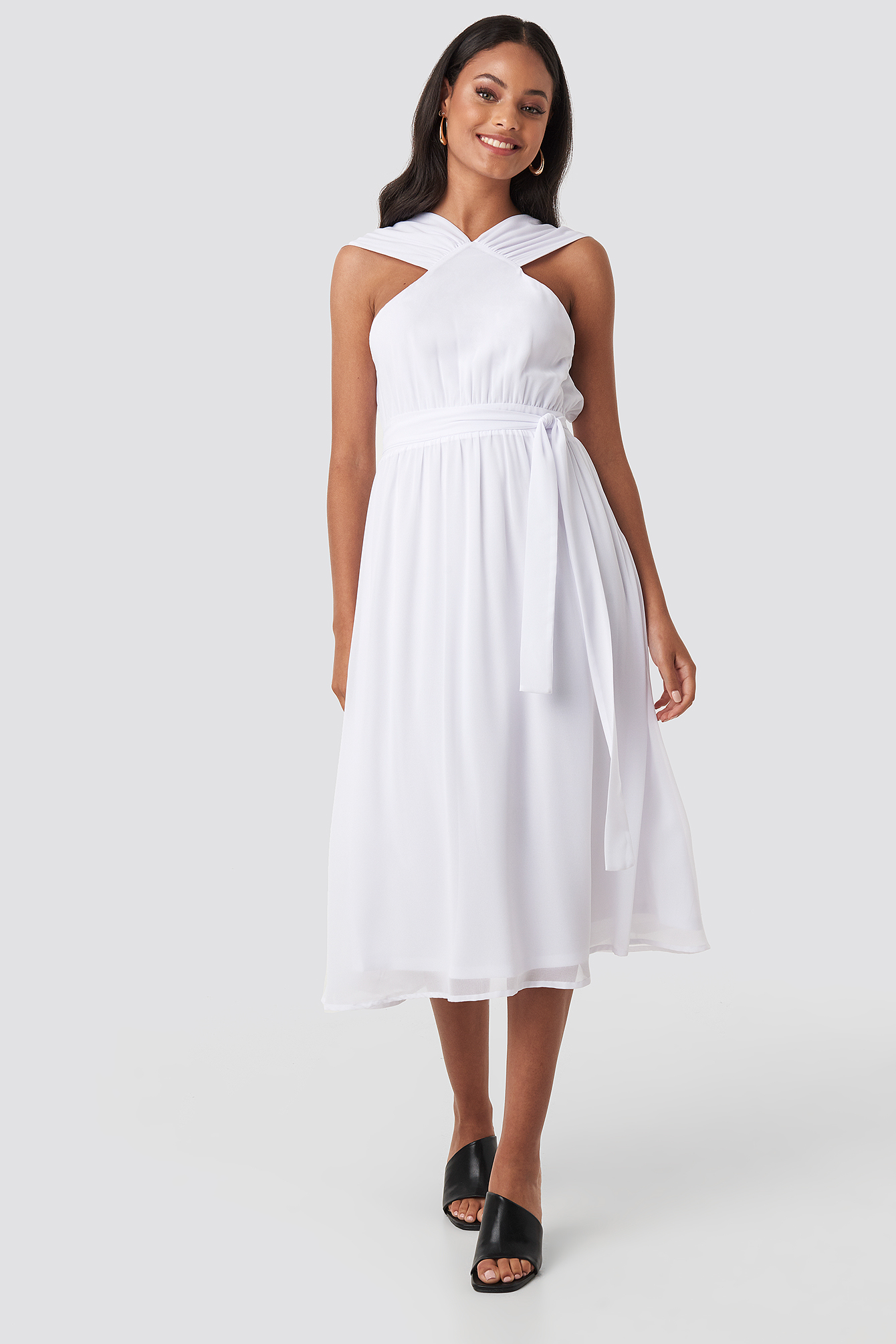 Ever New Petite halter neck pleated midi dress in white